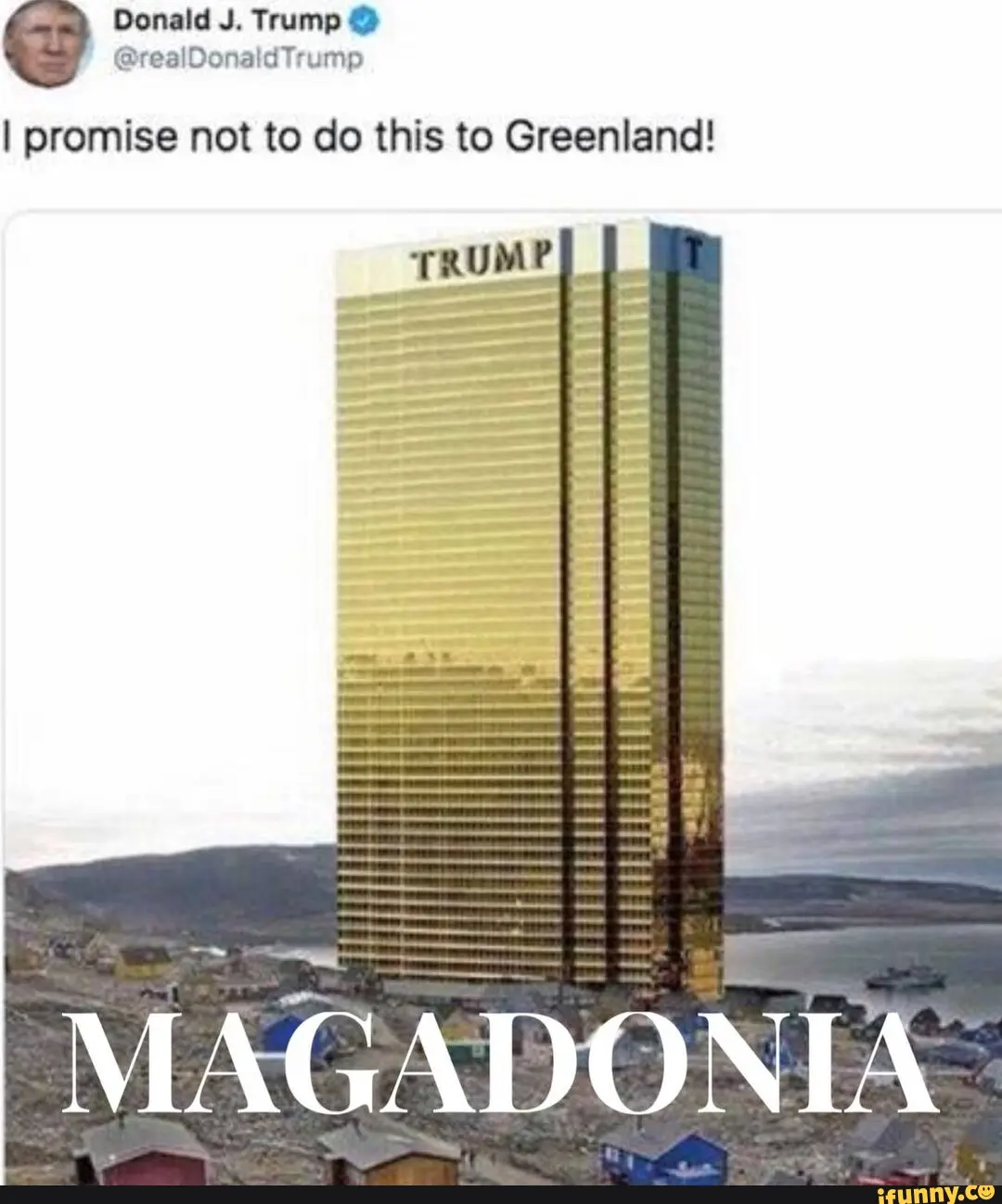 The image shows a tall, golden skyscraper with 'TRUMP' written on top, placed in a remote, snowy landscape with small…