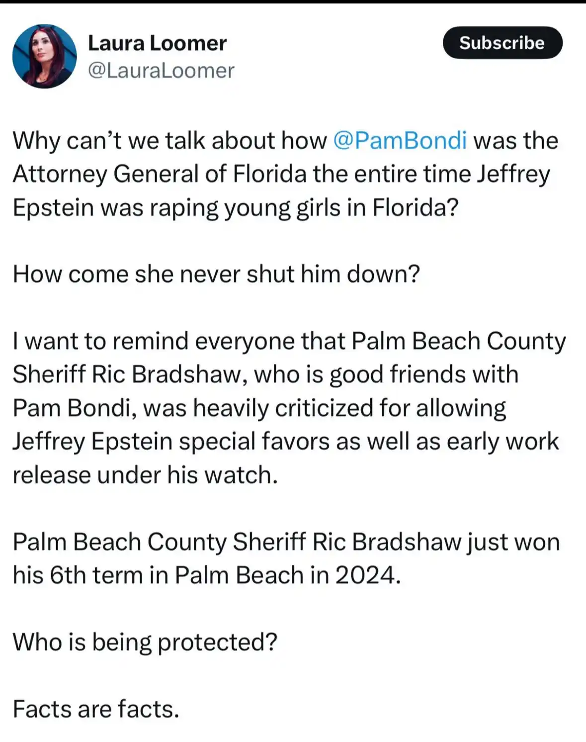 A screenshot of a social media post by Laura Loomer, which questions why Attorney General Pam Bondi didn't act against…