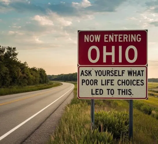 A roadside sign reads 'NOW ENTERING OHIO' above a second panel that says 'ASK YOURSELF WHAT POOR LIFE CHOICES LED TO THIS.'…