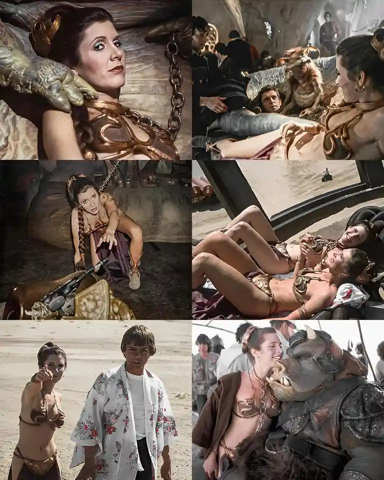 A six-panel collage from Star Wars: A New Hope shows Princess Leia in various scenes, including being held by a giant hand…