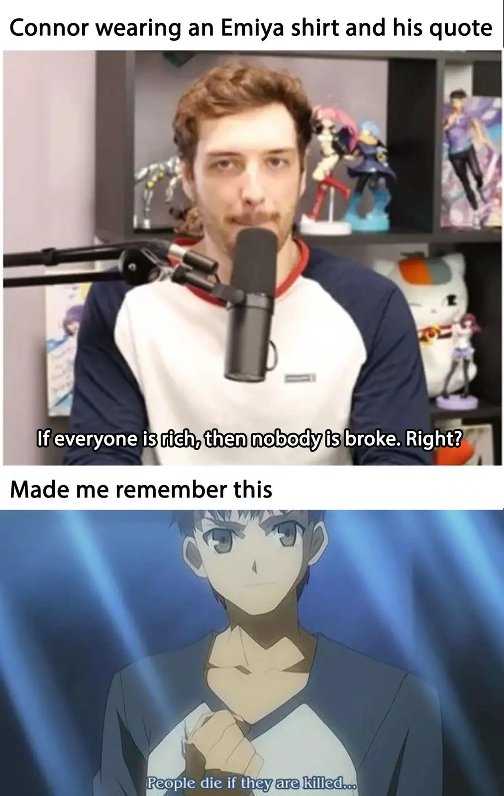 The top panel shows a man, Connor, wearing a blue and white raglan shirt with anime figures on shelves behind him, speaking…