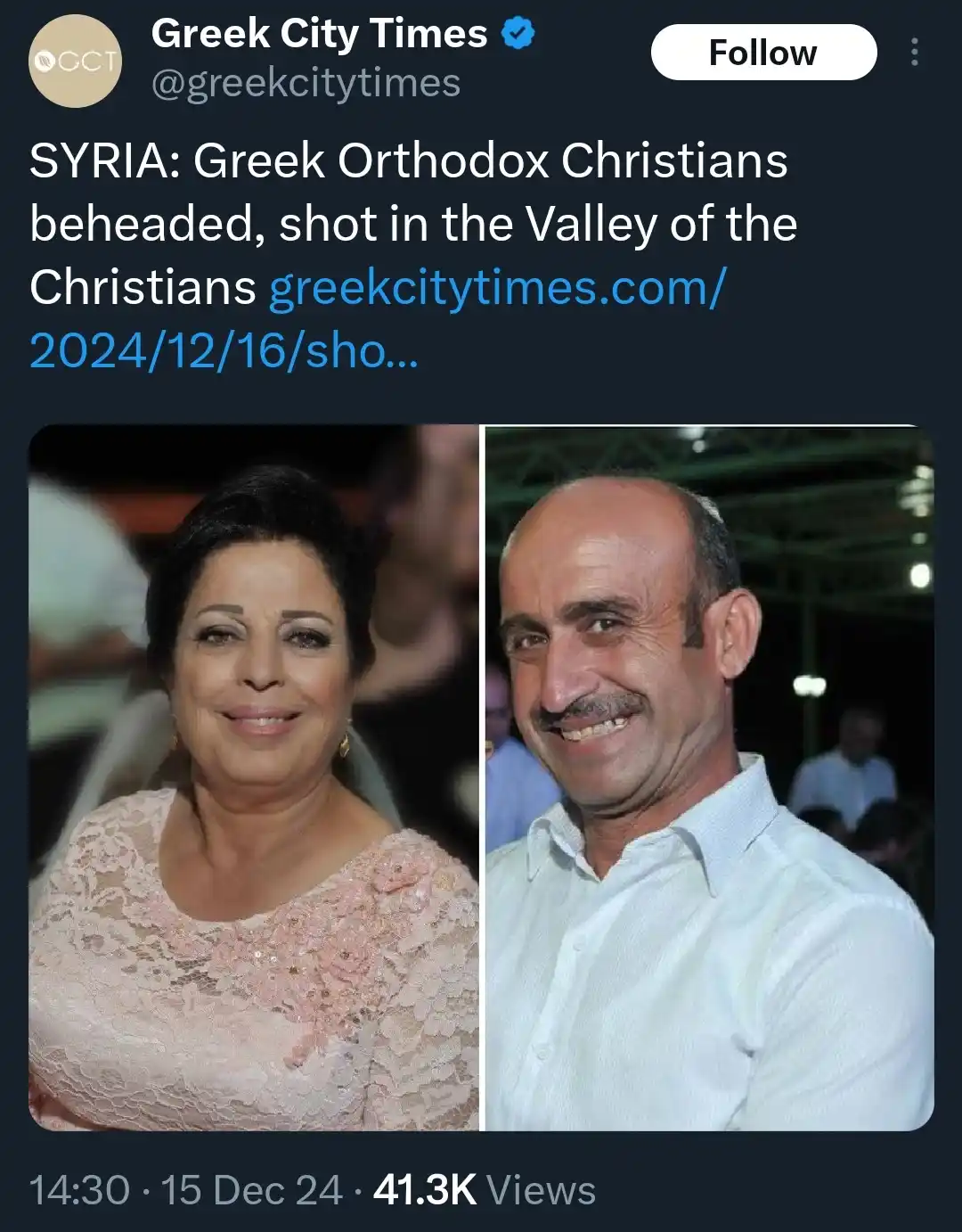 A screenshot of a Greek City Times tweet shows a news headline about violence against Greek Orthodox Christians in Syria…