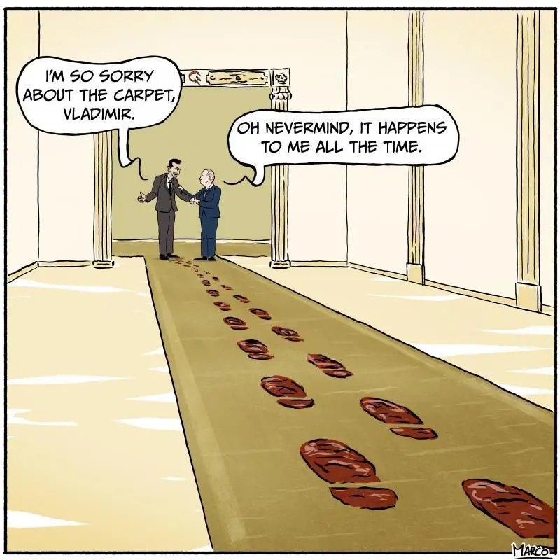 Two men in suits shake hands in a hallway with a long beige carpet. A trail of large, bloody footprints leads away from them…