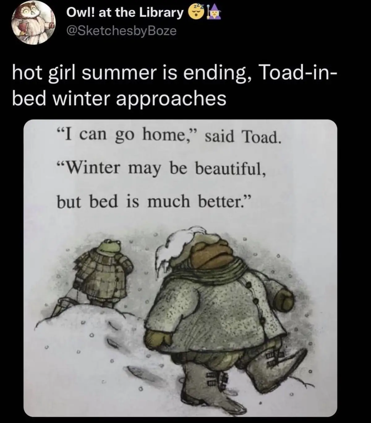 A cartoon illustration shows two anthropomorphic toads walking through snow. The larger toad in the foreground is heavily…