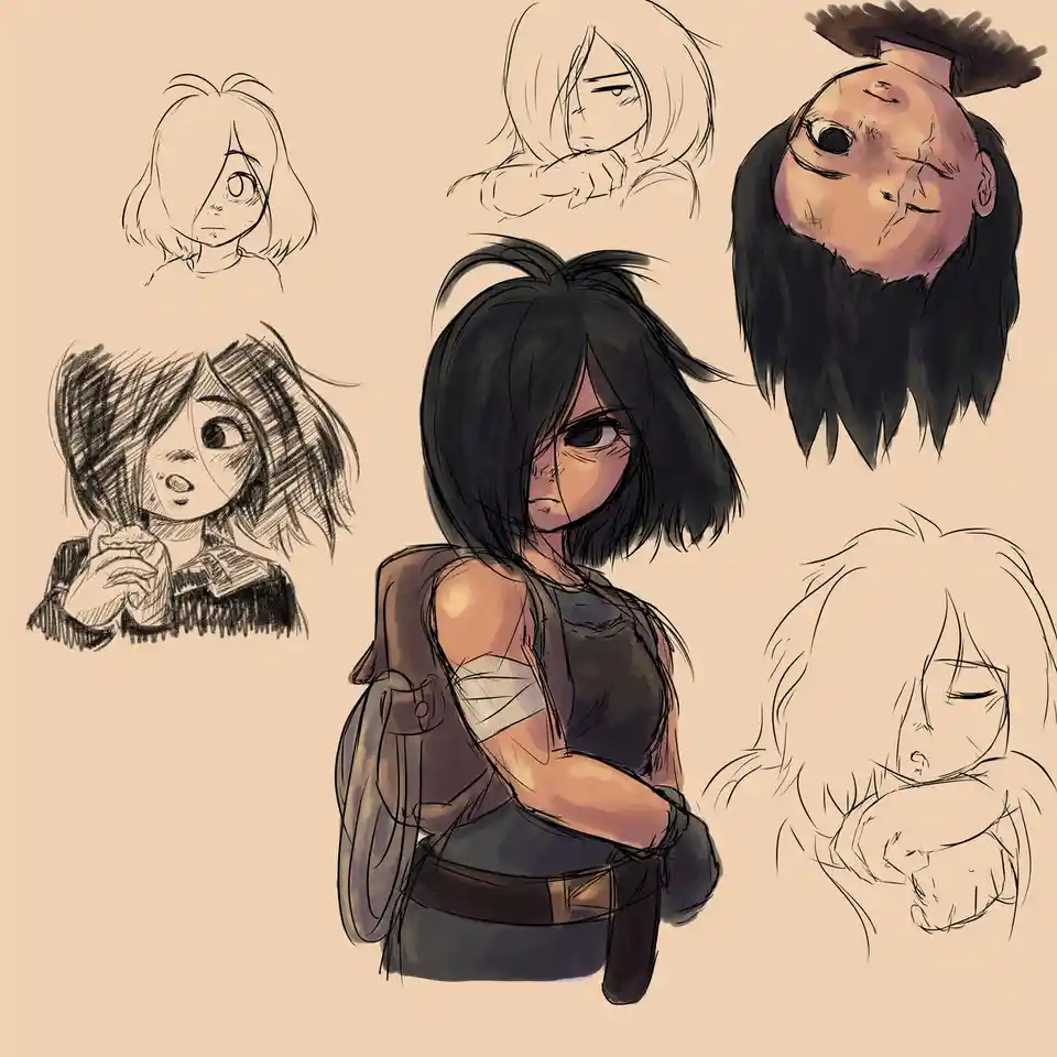 A collection of character design sketches featuring a central, fully rendered anime-style female character with short black…