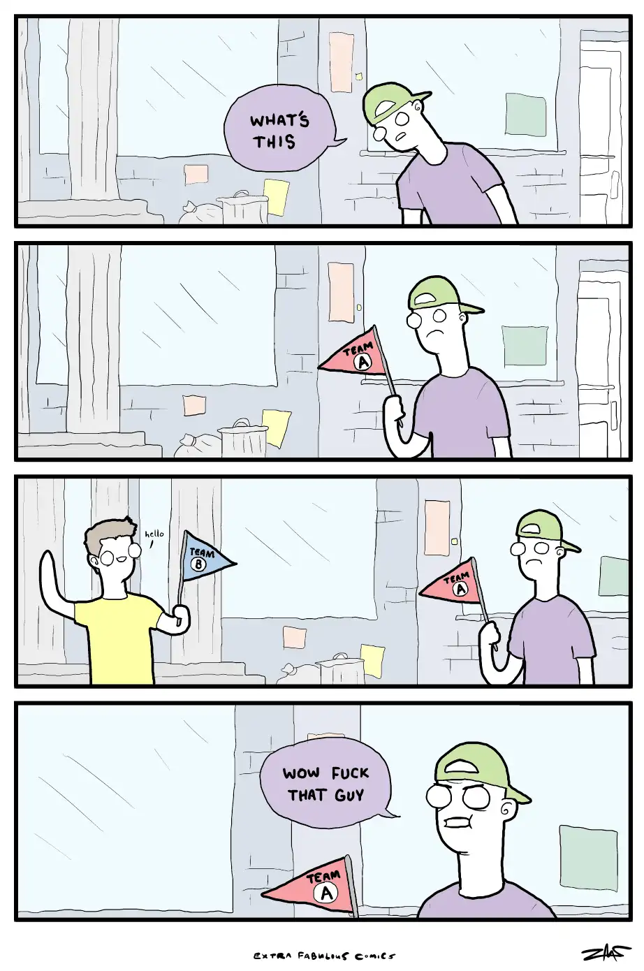 A four-panel comic shows a man in a green cap holding a red 'TEAM A' flag, confused by a stranger waving a blue 'TEAM B'…