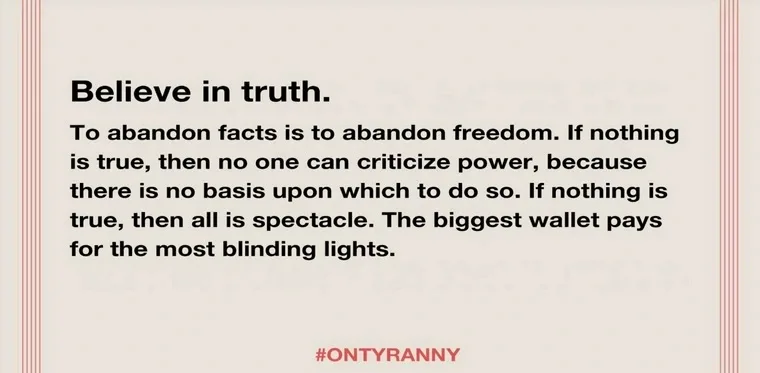 A beige background with thin red vertical lines on the sides, displaying a block of black text that reads 'Believe in truth…