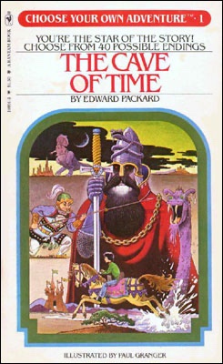 The image shows the cover of a 'Choose Your Own Adventure' book titled 'The Cave of Time' by Edward Packard, illustrated by…