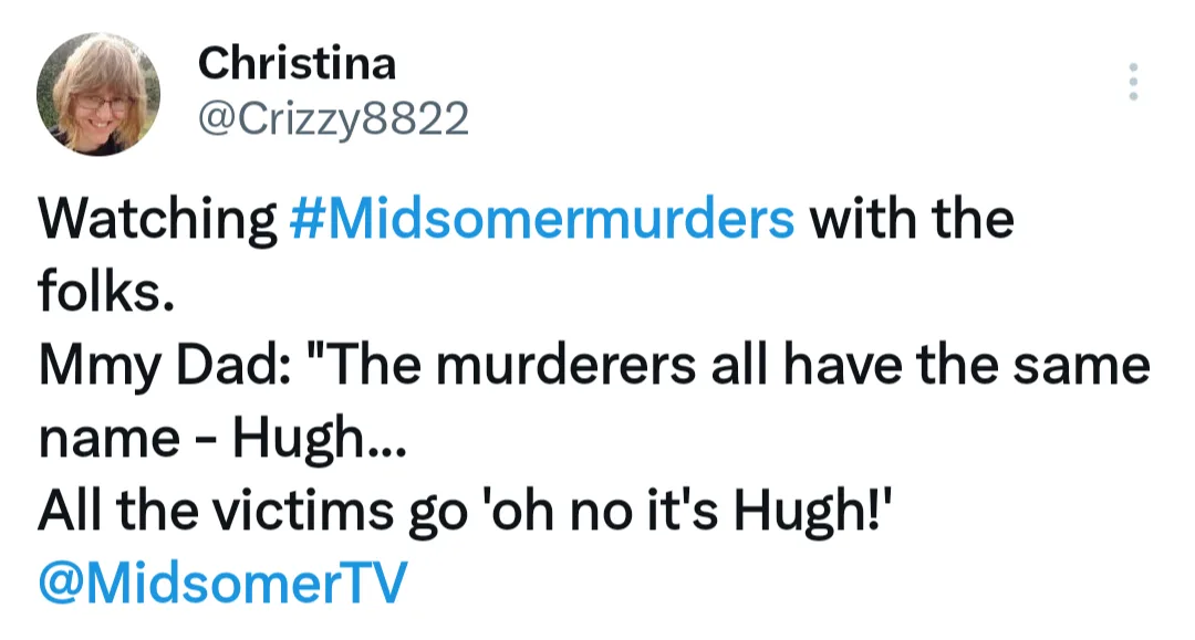 A screenshot of a tweet by Christina (@Crizzy8822) sharing a humorous family anecdote about watching the TV show…