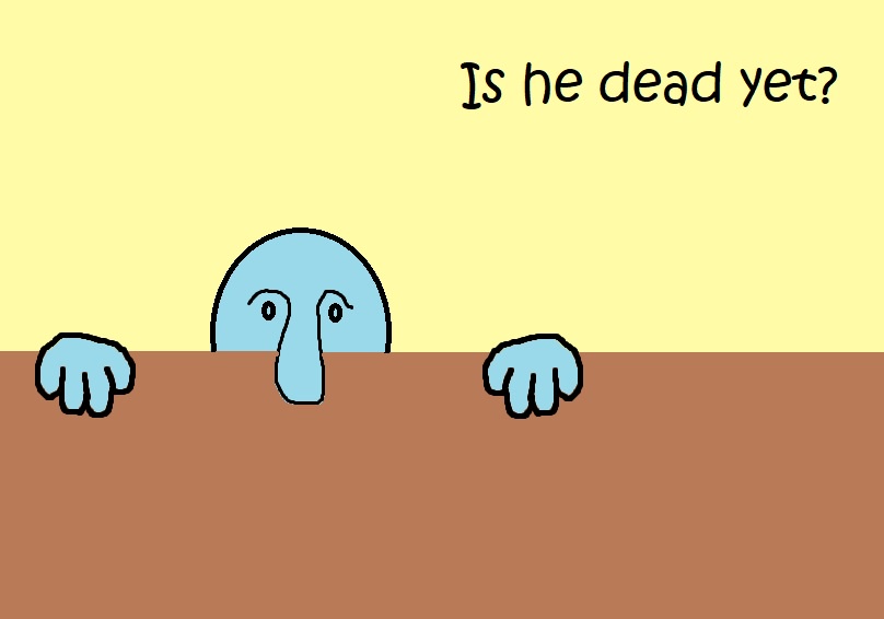 A cartoonish blue character with a long nose and wide eyes peeks over a brown surface against a yellow background, with the…