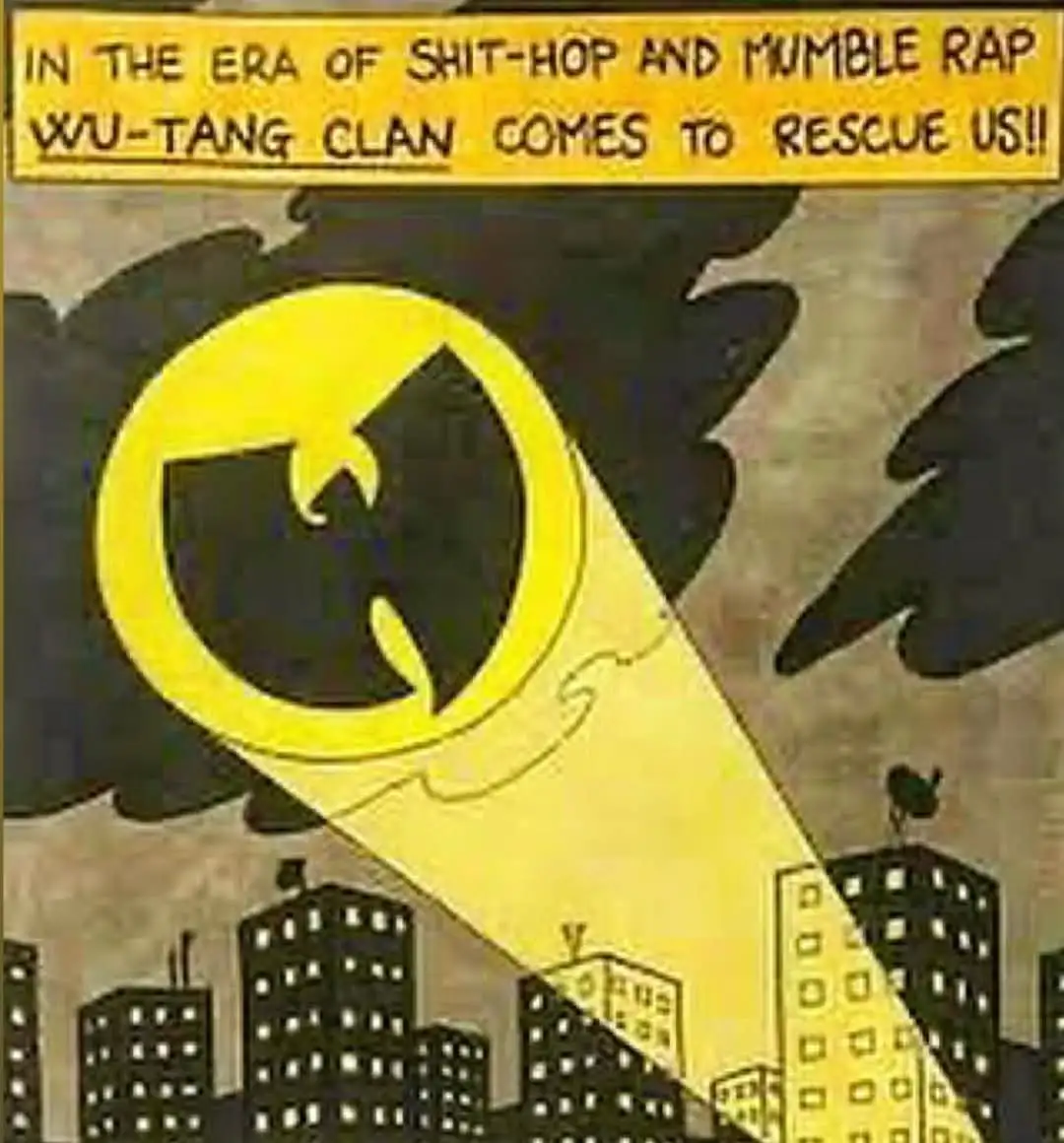 A comic book-style illustration shows a bright yellow beam of light descending from the sky, shaped like the Wu-Tang Clan…