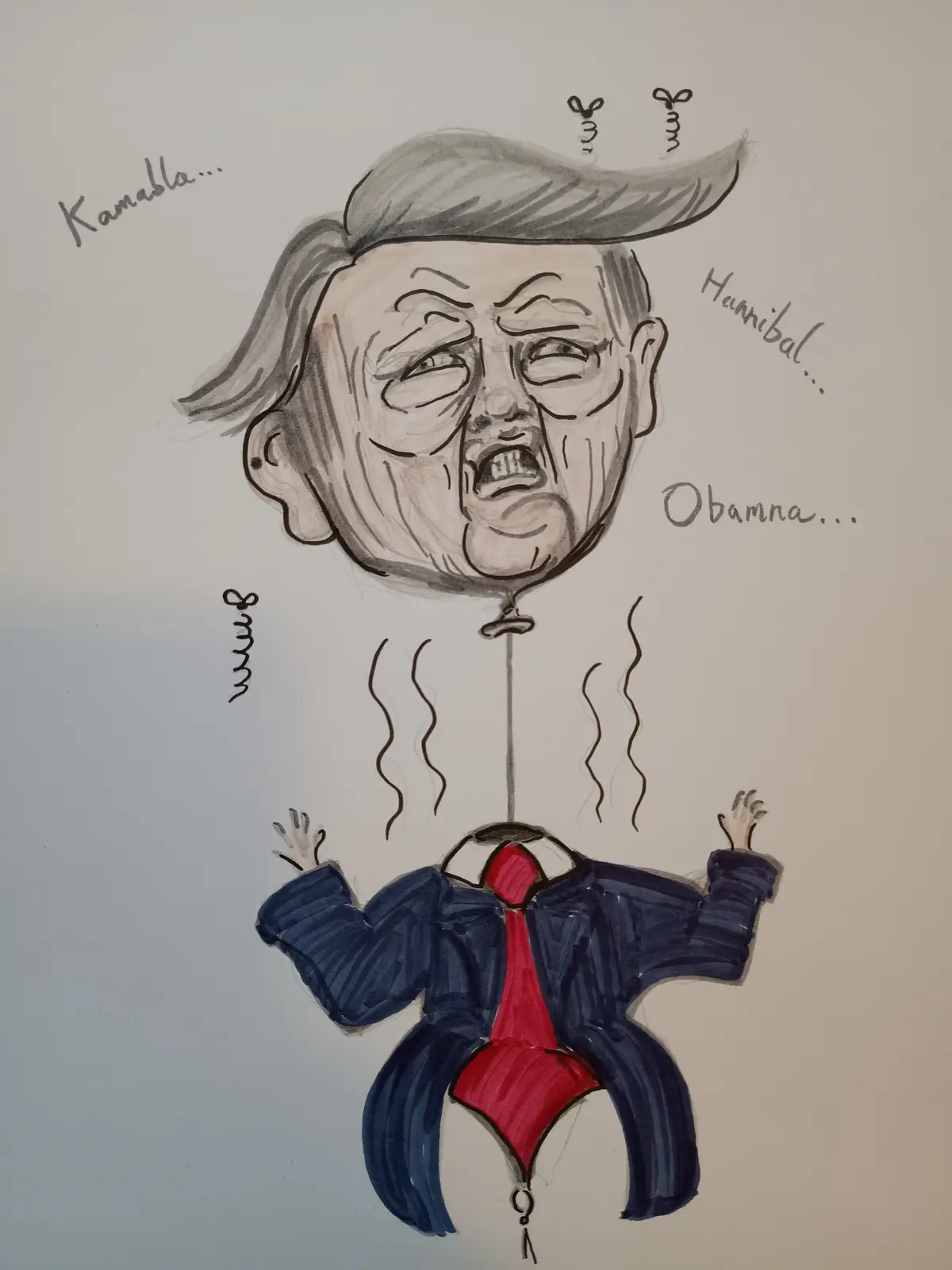 A hand-drawn cartoon depicts a caricature of Donald Trump with his head as a balloon, screaming in distress, while his body…