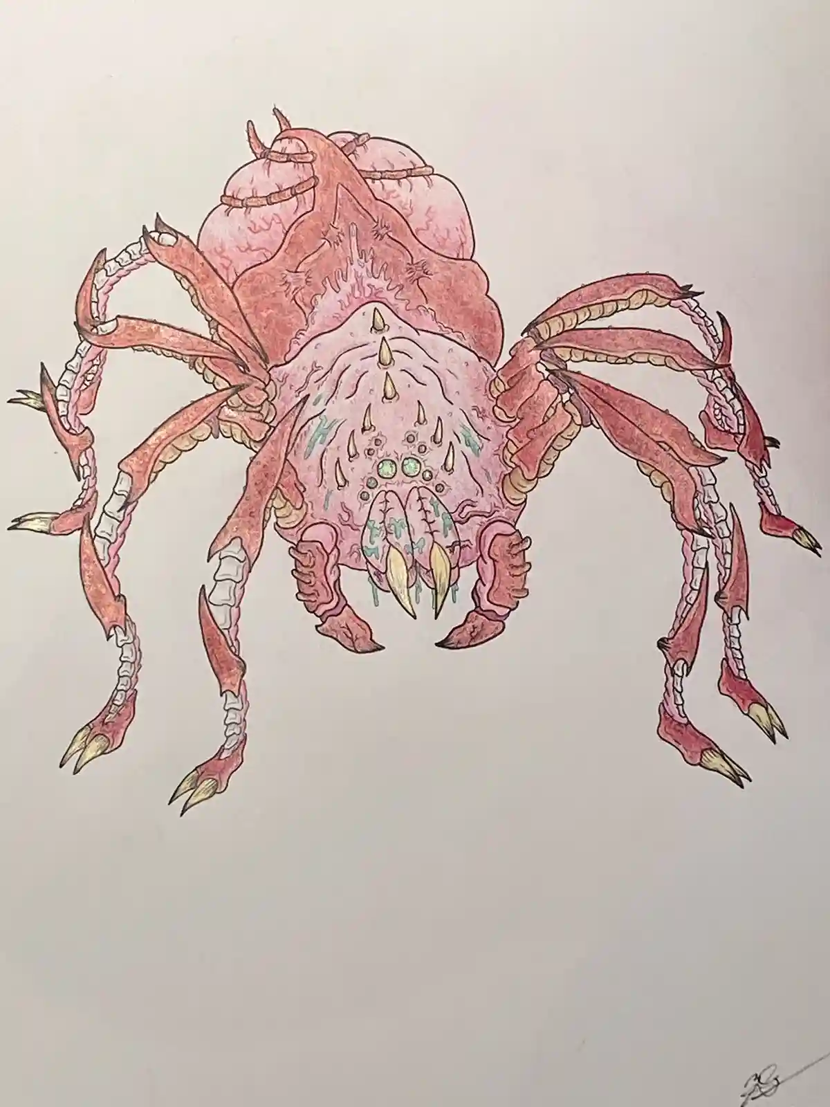 A hand-drawn illustration of a grotesque, pink, multi-legged crab-like creature with exposed bone segments, sharp claws, and…
