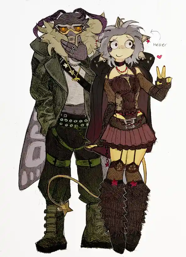Two anthropomorphic characters stand side by side; the taller one wears a green trench coat, sunglasses, and a mask, making…