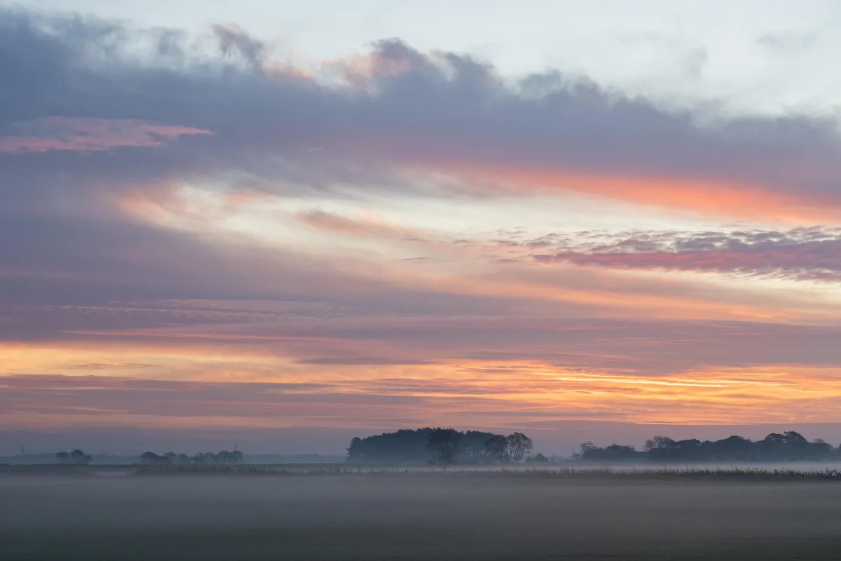 A serene landscape photo of a misty field at dawn or dusk, with soft pink, orange, and purple clouds in the sky above…