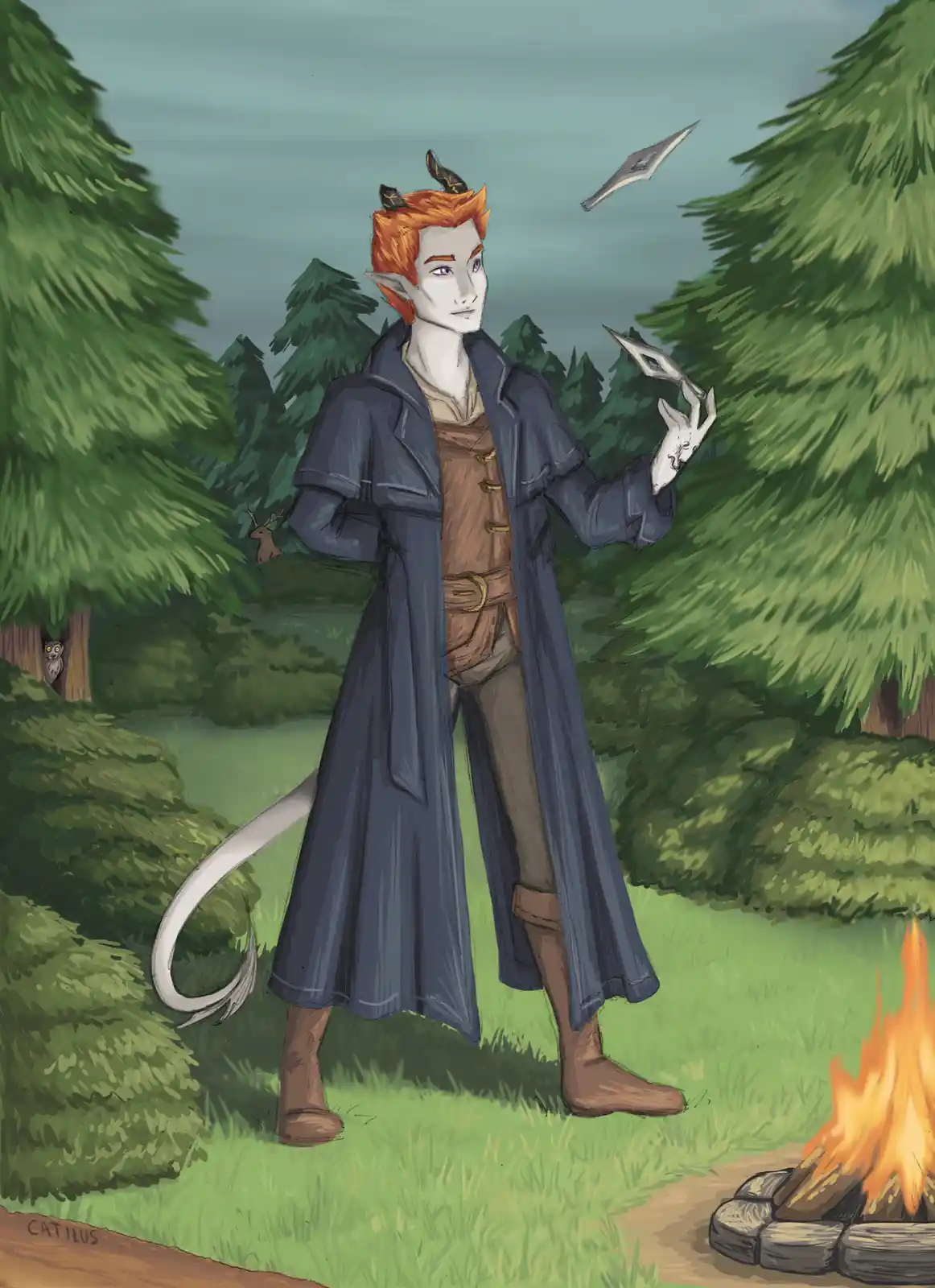 An illustrated fantasy character with orange hair, horns, pointed ears, and a white tail stands in a forest clearing near a…