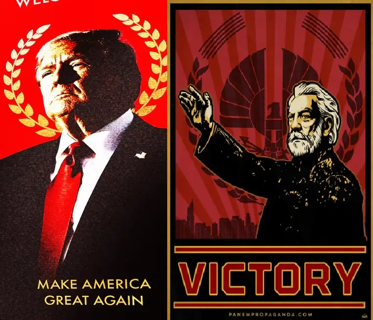 The image is split into two panels. The left panel shows a stylized portrait of Donald Trump with a laurel wreath, set…