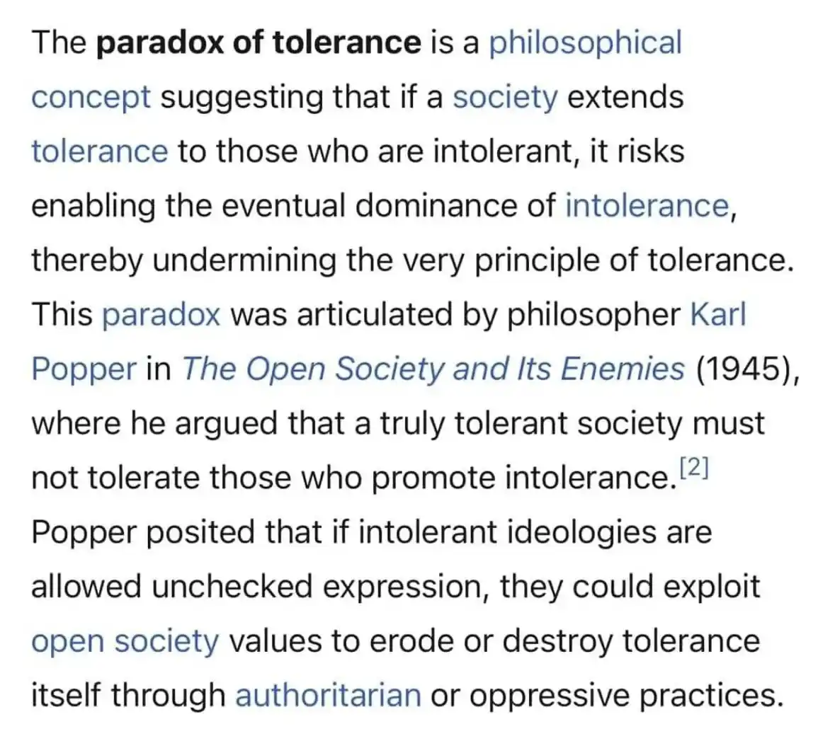 The image displays a block of text defining the 'paradox of tolerance' as a philosophical concept where tolerating…