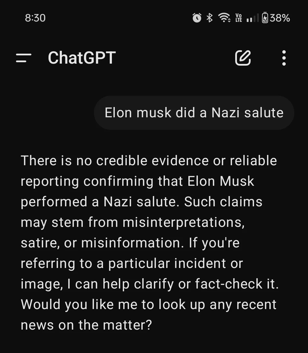 A screenshot of a ChatGPT chat interface shows a user asking if Elon Musk did a Nazi salute. ChatGPT responds with a factual…