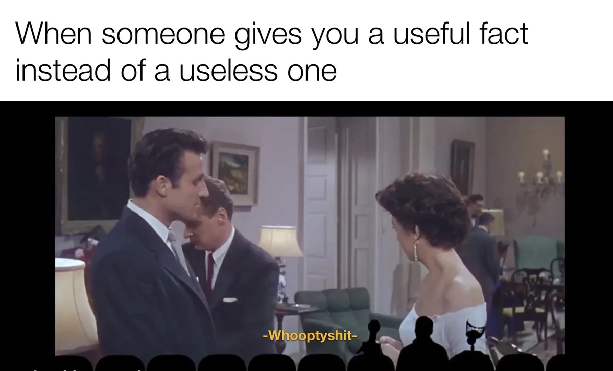 The image shows a scene from a classic film or TV show with two men in suits and a woman in a white dress in an elegant…