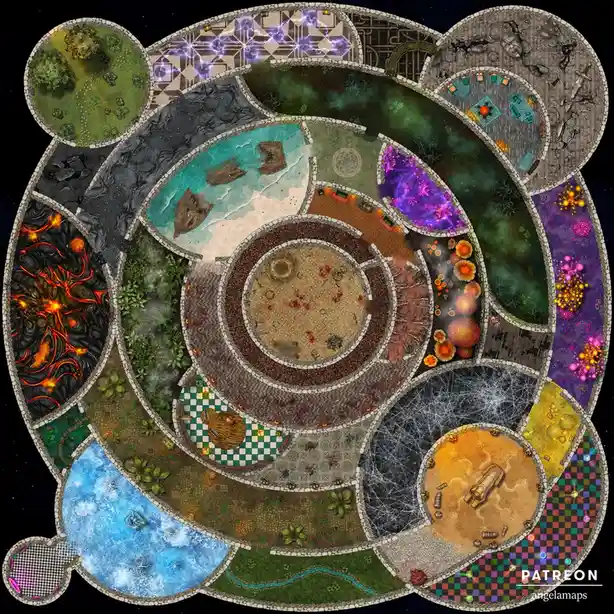 This is a top-down fantasy dungeon map composed of many circular and oval rooms, each with a distinct theme like lava, ice…
