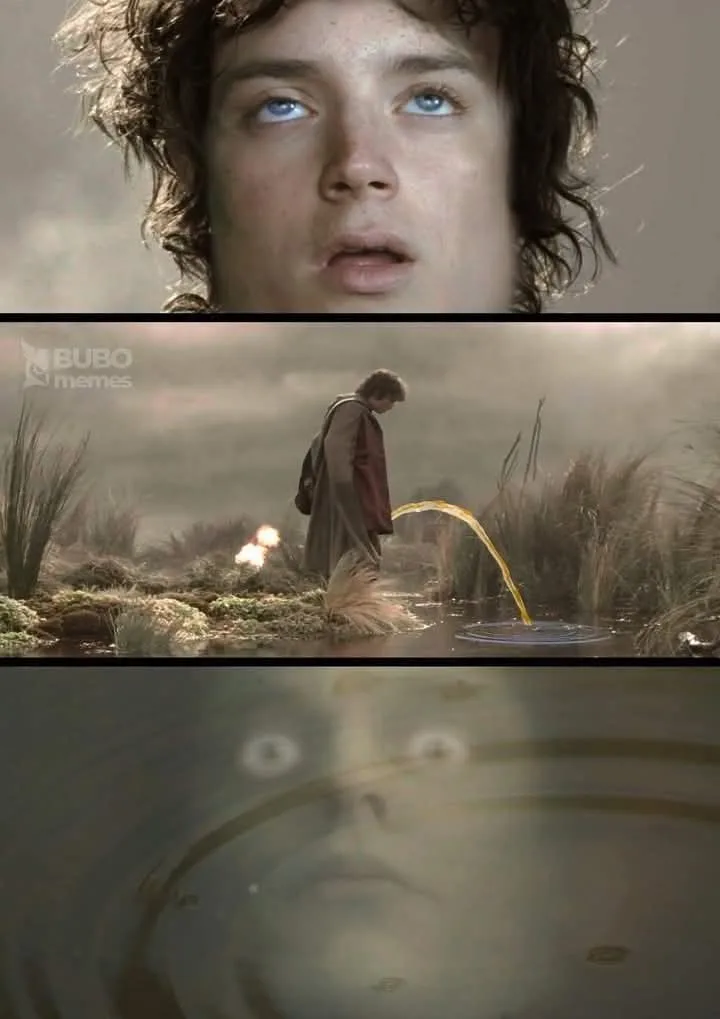 The image is a three-panel meme featuring Frodo Baggins from 'The Lord of the Rings'. The top panel shows his shocked face…