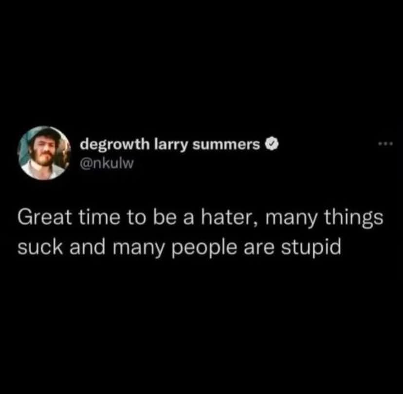 A screenshot of a tweet from a Twitter account named 'degrowth larry summers' with a profile picture of a man with a beard…
