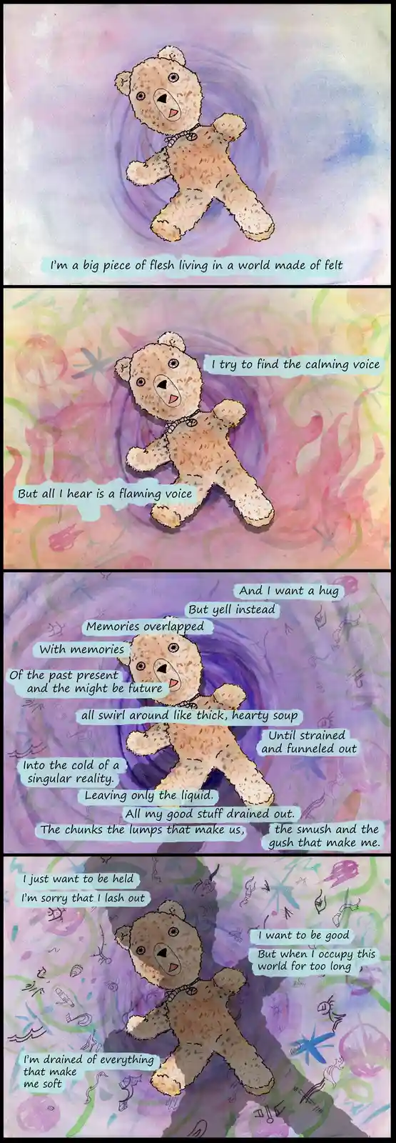 A four-panel comic features a worn, brown teddy bear against abstract, swirling watercolor backgrounds. Each panel contains…
