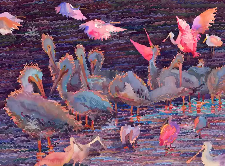 A watercolor painting depicts numerous pink and white birds, likely roseate spoonbills, standing in shallow water with dark…