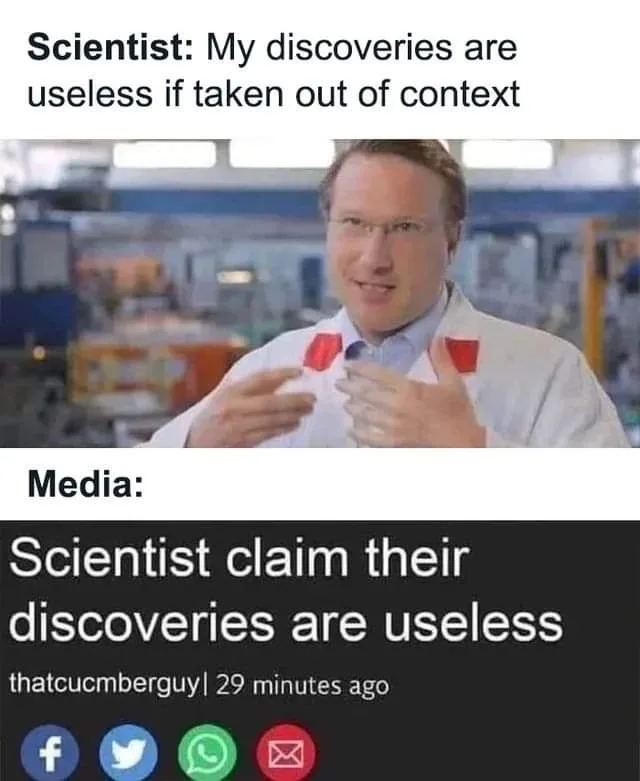 A man in a white lab coat and glasses smiles while holding two red objects, with text above him stating 'Scientist: My…