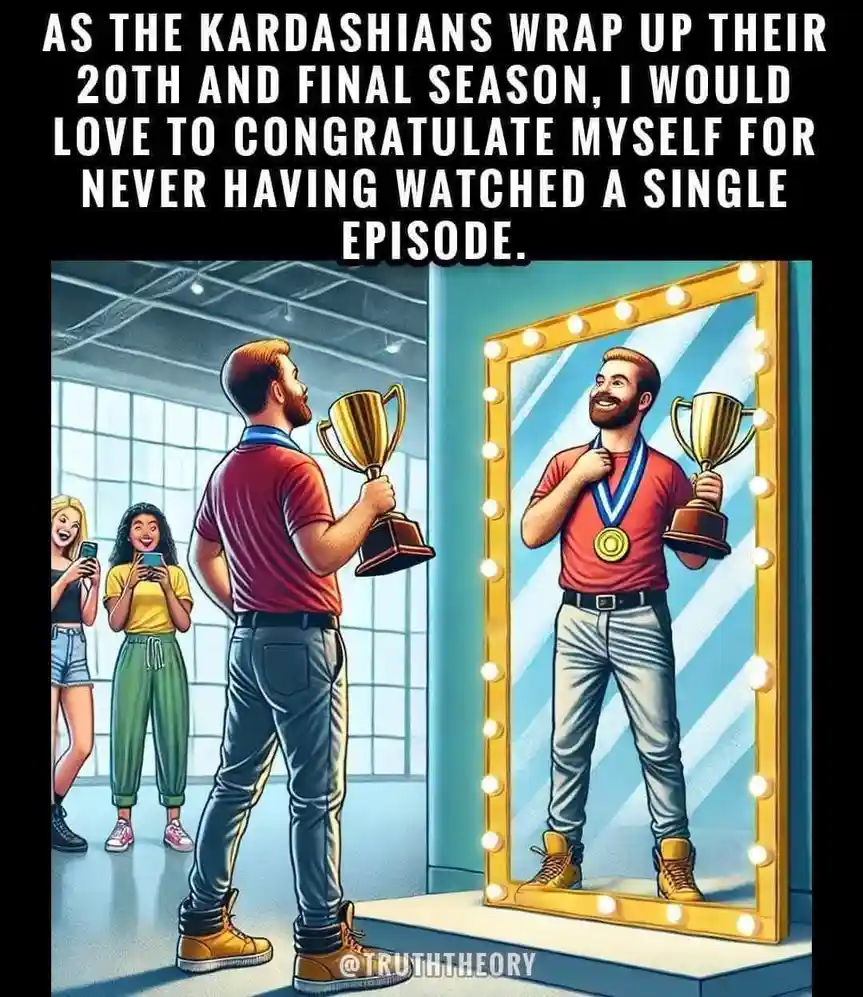 A cartoon man in a red shirt and jeans stands in front of a large, lighted mirror, holding a trophy and looking at his…