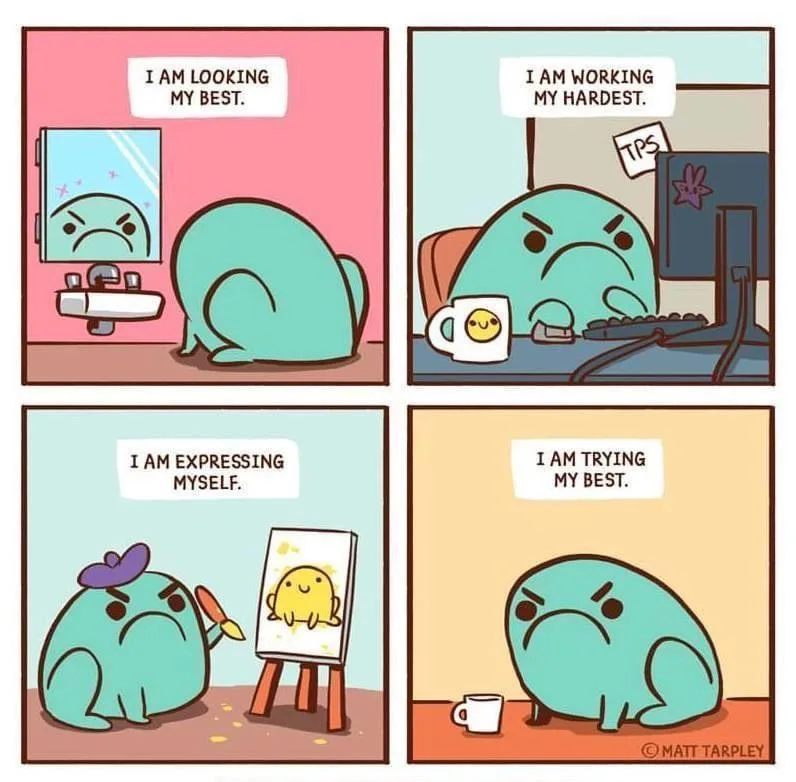 A four-panel comic shows a teal, blob-like character in various scenarios: looking in a mirror, working at a computer…