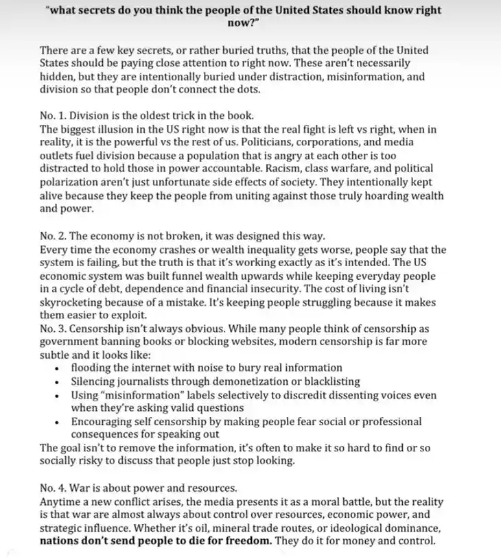 A screenshot of a text document listing four 'buried truths' the author claims Americans should know, including that…