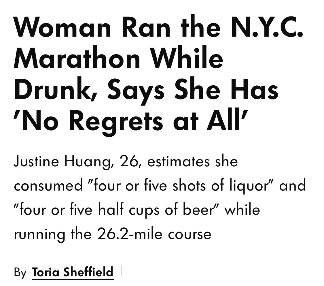 The image displays a newspaper article headline in bold black text stating 'Woman Ran the N.Y.C. Marathon While Drunk, Says…