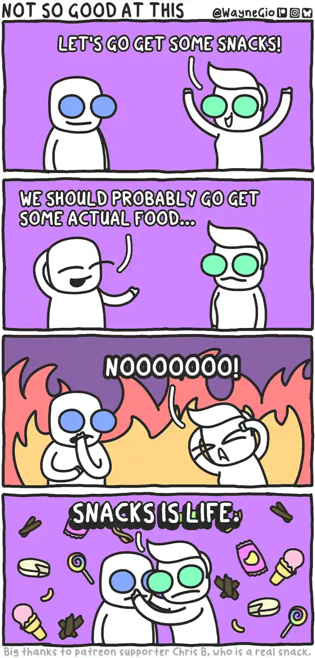 A four-panel comic shows two cartoon characters debating snacks vs. actual food. The first character enthusiastically…