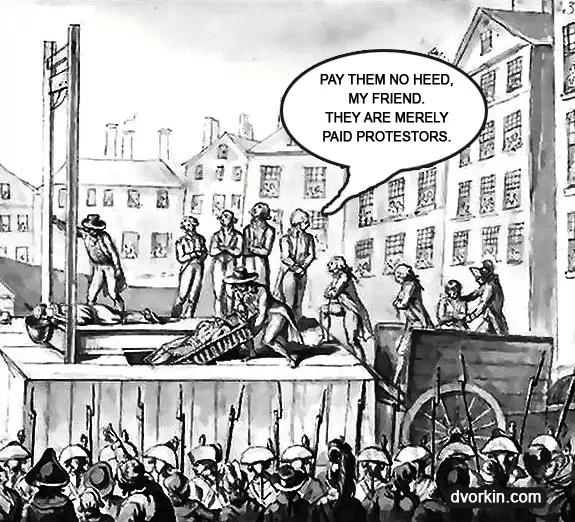 A black-and-white historical illustration depicts a public execution scene with a guillotine, a crowd of soldiers below, and…