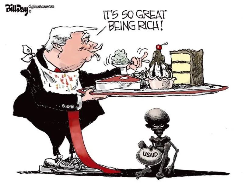 A caricature of Donald Trump, dressed in a black suit with a red tie and white shirt, holds a tray laden with lavish food…