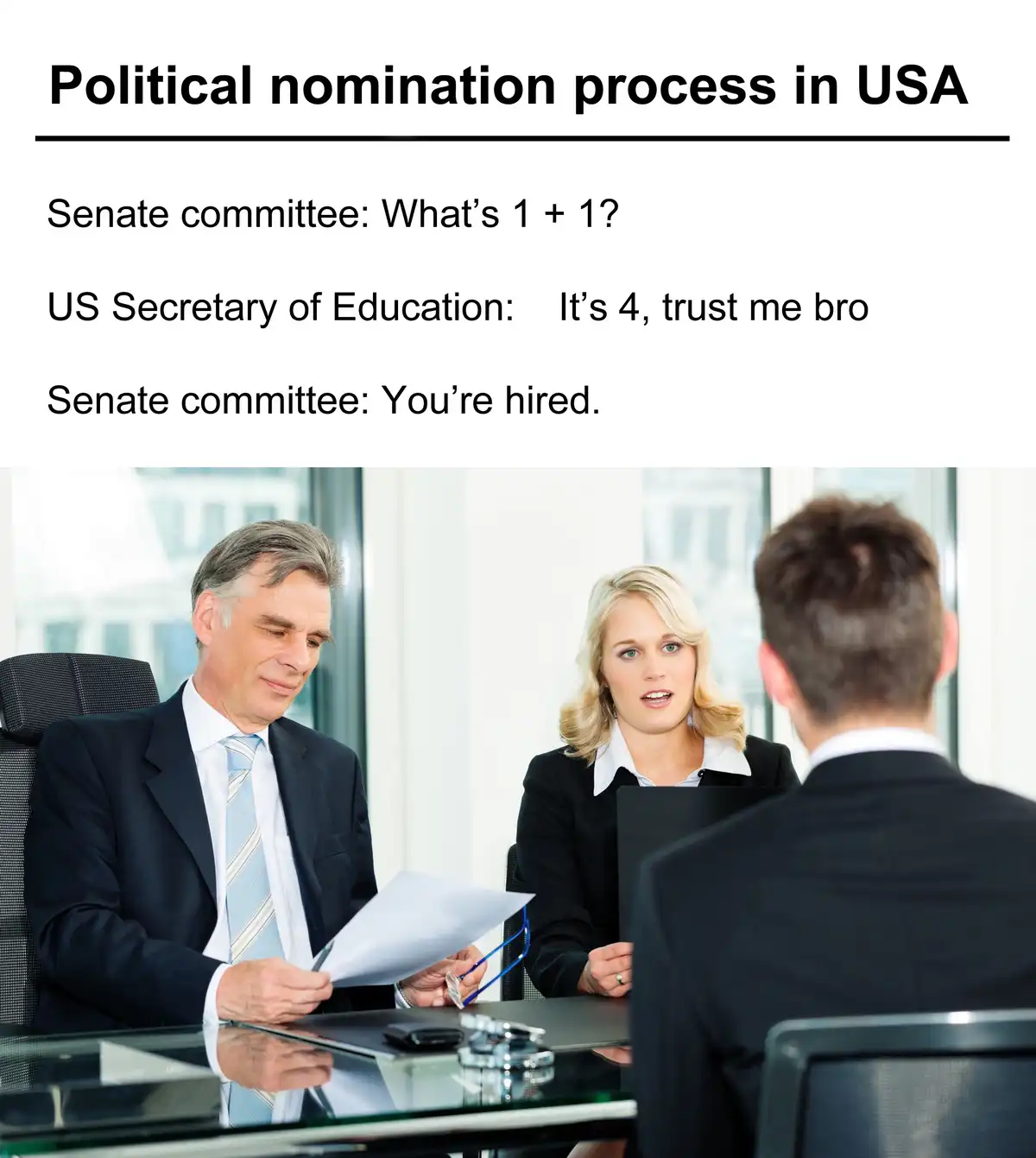 The image shows a job interview scene with three people in business attire around a glass table. The overlaid text…