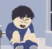 A six-panel South Park animation showing a man in a blue shirt sitting on a toilet, progressively showing increasing…