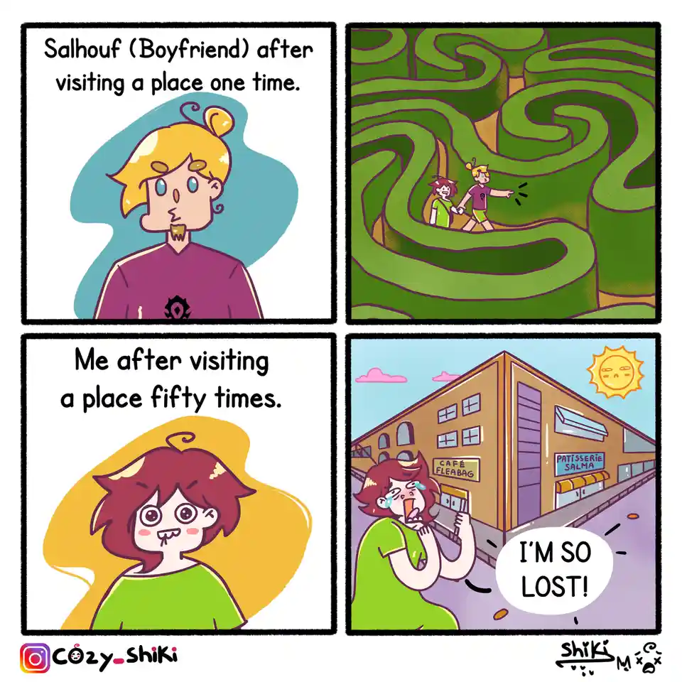 A four-panel comic compares a boyfriend's calm confidence after visiting a place once to a person's panic after visiting the…