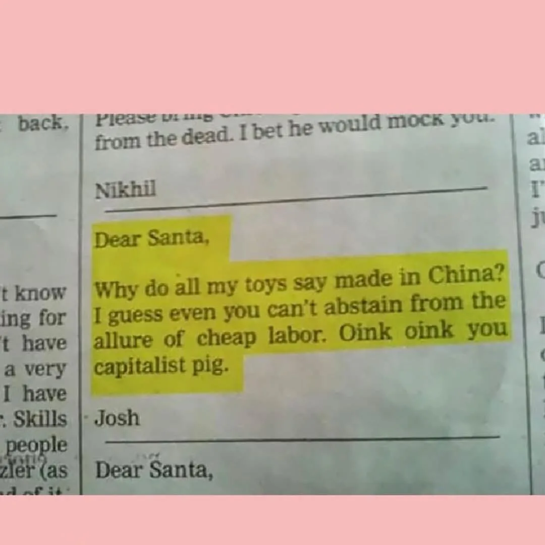 A close-up of a newspaper clipping showing a child's letter to Santa, highlighted in yellow. The letter, signed by Josh…