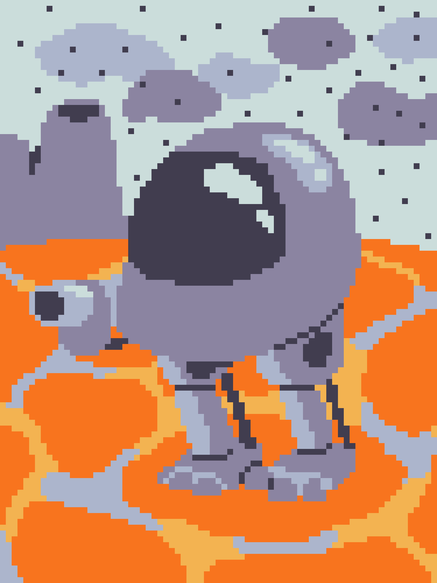 A low-resolution pixel art image shows a purple, round-faced character with large eyes and a wide mouth, wearing an orange…
