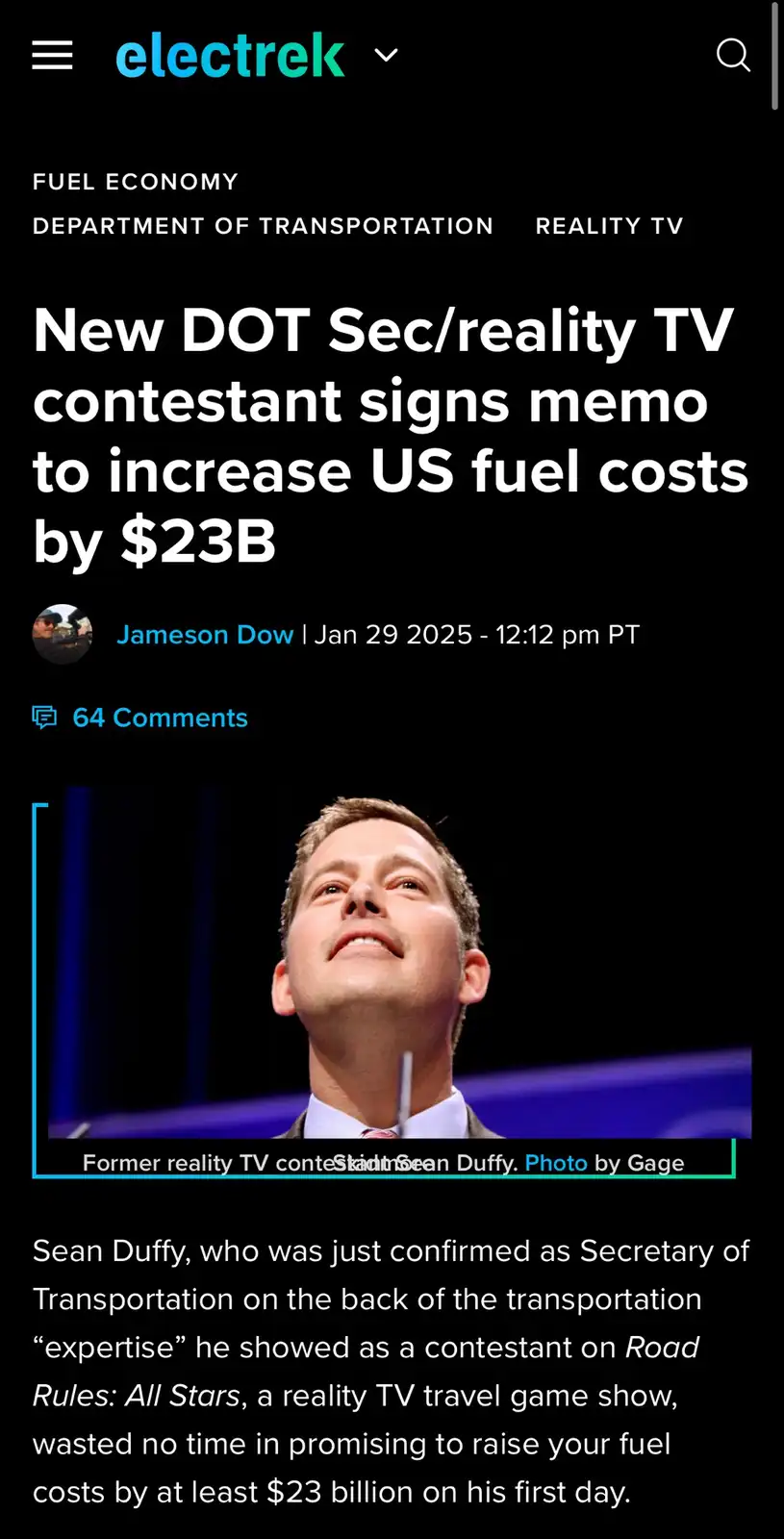 A screenshot of an Electrek news article shows a photo of Sean Duffy, a man in a suit looking upward with a slight smile…