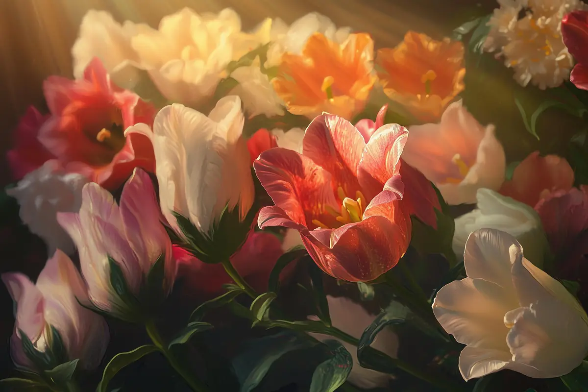 A vibrant, painterly close-up of a bouquet of tulips in various shades of pink, white, and orange, bathed in warm, golden…