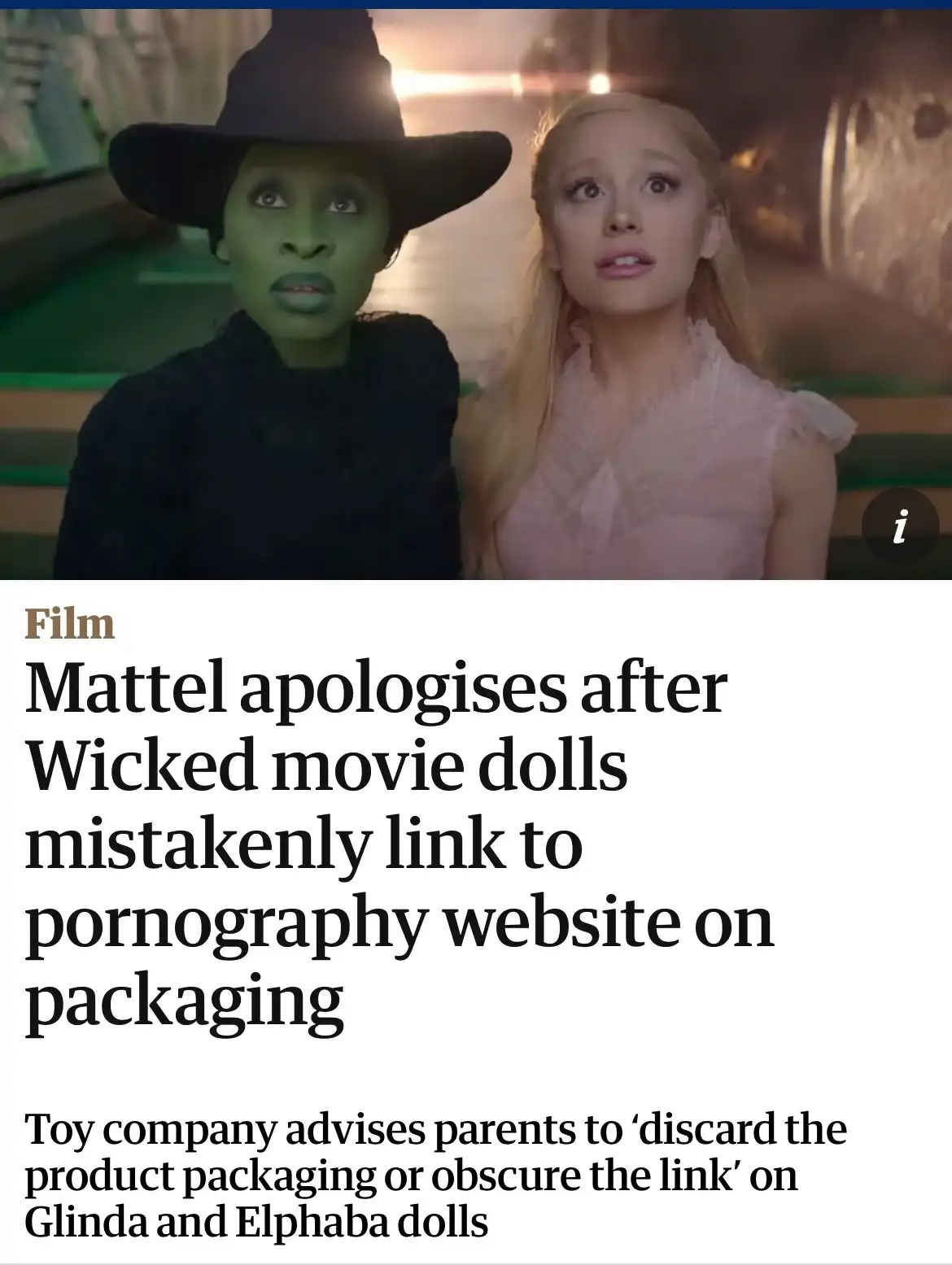 The image shows two women from the movie 'Wicked' — one with green skin and a black witch's hat, the other with blonde hair…