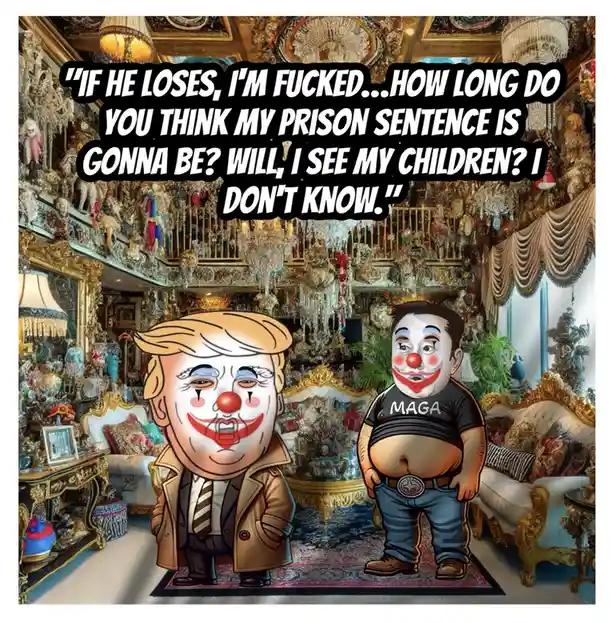 Two cartoon figures with clown makeup stand in a lavishly decorated, ornate room filled with gold trim, chandeliers, and…