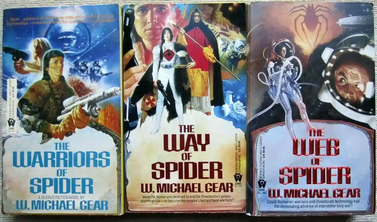 Three science fiction book covers by W. Michael Gear are displayed side-by-side, all featuring the word 'Spider' in their…