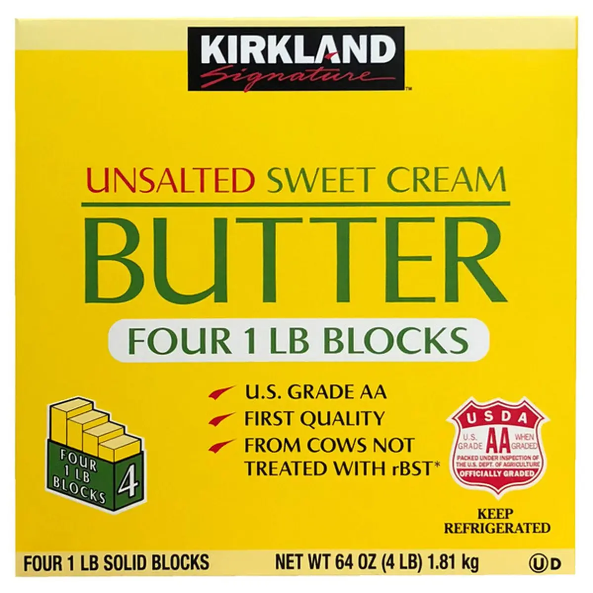 A yellow box of Kirkland Signature unsalted sweet cream butter, labeled as containing four 1 lb blocks, with USDA Grade AA…