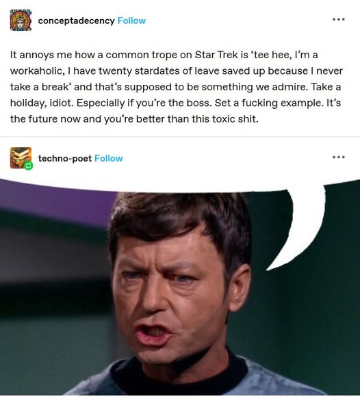 A screenshot of a tweet by 'conceptadeency' is overlaid on a close-up image of the Star Trek character Spock, who has a…