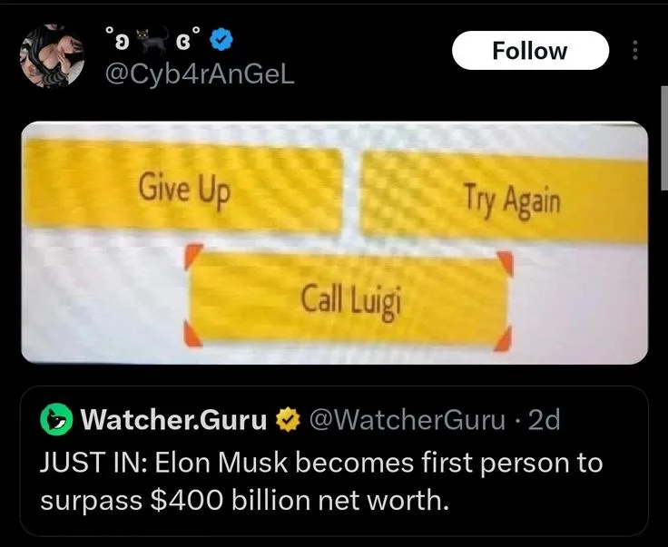 A screenshot of a Twitter post by @Watcher.Guru announcing Elon Musk's $400 billion net worth, overlaid on an image of a…